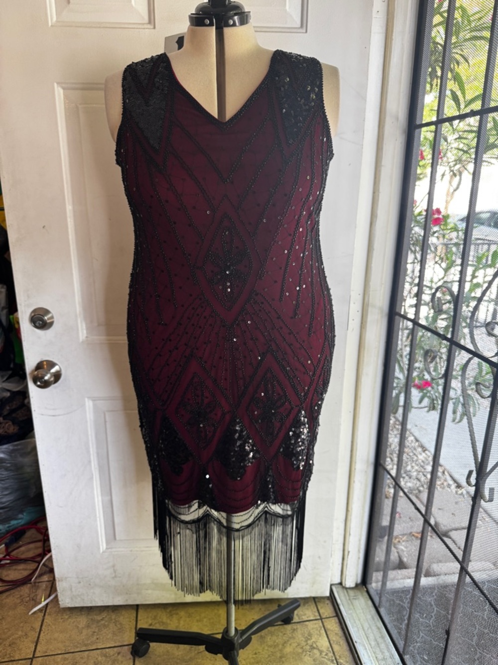 SHEIN Burgundy and Black Beaded Fringe Midi Dress